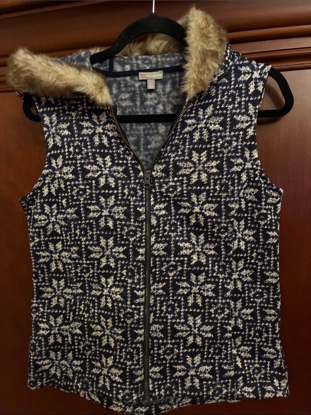 Talbots Navy & Cream Faux Fur-Trim Zip Sweater Vest
